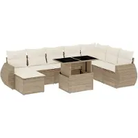 vidaXL Soffgrupp för trädgården med dynor 9 delar beige konstrotting
