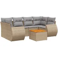 vidaXL Matgrupp för trädgården med dynor 7 delar beige konstrotting