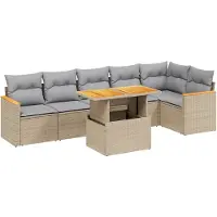 vidaXL Matgrupp för trädgården med dynor 7 delar beige konstrotting