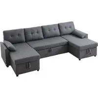 Vevor U-formad bäddsoffa, bäddsoffa med 2 sidofack, 2 kuddar och dubbel schäslong, utdragbar bäddsoffa med 6 platser och stor förvaringskapacitet för vardagsrum, lägenhet, metallram, grå
