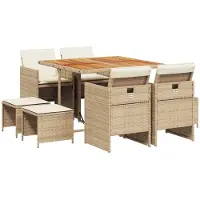 vidaXL Matgrupp för trädgården med dynor 9 delar beige konstrotting