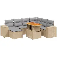 vidaXL Matgrupp för trädgården med dynor 8 delar beige konstrotting