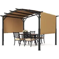 Vevor 10 x 10 fot utomhuspergola, metallpergola med välvd topp, infällbar pergola med solskydd, stor uteplatspaviljong, kraftig trädgårdspergola för altan, veranda, pool
