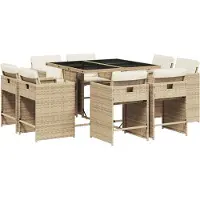 vidaXL Matgrupp för trädgården med dynor 9 delar beige konstrotting
