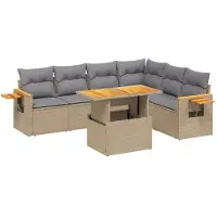 vidaXL Matgrupp för trädgården med dynor 7 delar beige konstrotting