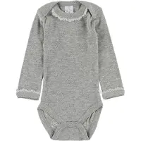Smallstuff Body - l/ä - Gråmelerad m. Hålmönster/Spetskant - - 68 - Body L/Ä