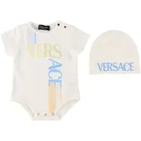 Versace Gåvoset - Mössa/Body k/ä - Vit/Ljusblå m. Logo - - 9-12 mån - Body K/Ä
