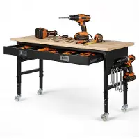 Vevor 1524 mm justerbar arbetsbänk, 680 kg lastkapacitet, garagearbetsbänk med låda, eluttag, hjul och hylsskiva, kraftig arbetsbord i ekträ för garage, verkstad, kontor och hem