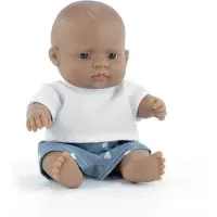 Miniland Baby Doll Hispanic Boy 8 1/4 tum i Polybag. Tillverkad i Spanien med vaniljedoft. Anatomiskt korrekt. My Friends & Me Collection