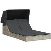 vidaXL Dubbel chaise longue med markis och ljusgrå kuddar rotting 368642