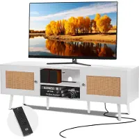 Vevor TV-stativ i rotting för 65 tums TV, Boho TV-stativ med rottingdörr, underhållningscenter med inbyggt uttag och USB-portar, modern TV-konsol för vardagsrum, mediarum, vit