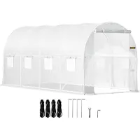 Vevor Walk-in Tunnel Växthus, 15 x 6,5 x 7 fot Portable Plant Hot House med galvaniserade stålbågar, 1 toppbalk, 2 x diagonala stolpar, 2 dragkedjeförsedda dörrar och 8 rullfönster, vit