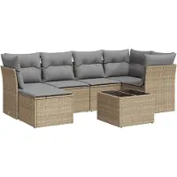 vidaXL Matgrupp för trädgården med dynor 7 delar beige konstrotting