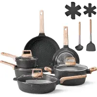 Vevor 17-delat kastrull- och stekpannset med nonstickbeläggning, kokkärl i granit, induktionskokkärl, kokkärl för husbilar med stekning, sås och sauté, lock i härdat glas och stekpannskydd, svart