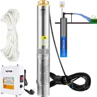 Vevor Djupbrunnspump, dränkbar, 1100W 230V/50Hz, 190L/min 57 m tryckhöjd, med 20 m sladd och extern kontrollbox, 10,2 cm vattenpumpar i rostfritt stål för industri, bevattning och hemmabruk, IP68 vatt
