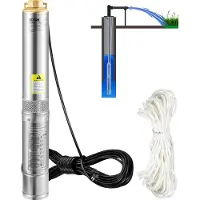 Vevor Djupbrunnspump, 750W 230V/50Hz, 105L/min 62 m huvud, sandbeständig <5%, 20 m elkabel, 8,9 cm vattenpumpar i rostfritt stål för industri, bevattning och hemmabruk, IP68 vattentät
