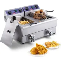 Vevor Kommersiell Fritös, Dubbeltank 3000W Elektrisk Bänkfritös med Korg, 2 x 11,6 Qt/11L Dubbel Oljefritös i Rostfritt Stål med Oljefiltrering, Tids- och Temperaturkontroll, För Köksrestaurangbruk