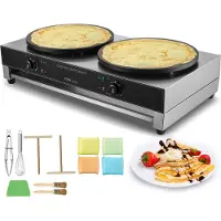 Vevor elektrisk crêpemaskin, 16-tums kommersiell crêpemaskin med dubbla huvuden, 6000W platt crêpe-stekplatta, nonstick-beläggning i rostfritt stål, rund pannkaksugn för flingor, temperaturkontroll