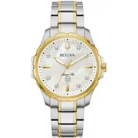 Bulova Marine Star Tvåtonigt Rostfritt Stål Diamantaccenter Pärlemorsurtavla Kvarts 98P227 100M Damklocka mor av pärla färg