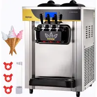 Vevor Kommersiell glassmaskin, 22–30 l/h kapacitet, bänkskiva med mjukglass, 2 x 6 l behållare, 2 l cylinder, LCD-panel, larm vid brist på glass, fryst yoghurtmaskin för restaurang, snackbar, silver