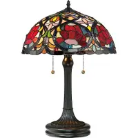 QUOIZEL Tiffany bordslampa Larissa, Brun / mässing, Vardagsrum / matsal, Glas, Tiffany, Bordslampa