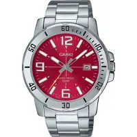 Casio herrklocka Silver med röd urtavla Vattentålig 50 m i rostfritt stål –mtp-vd01d-4bvudf
