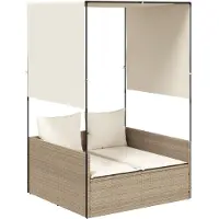 vidaXL Dubbel solsäng med tak och dynor beige konstrotting