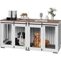 Vevor 72" hundbursmöbler för 2 hundar, dubbel hundbursmöbler med dubbla skjutdörrar, stor hundbur TV-bänk med avtagbar bricka, dubbel hundbur med stålram för små, medelstora och stora hundar vit