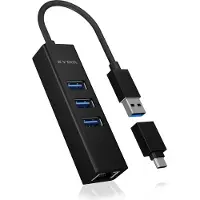 Raidsonic 60844 USB-hubb 4 Port USB-A, RJ45 USB 3.1 Gen1 5 GBit/s kontrollerbar via PC Svart IB-HUB1419-LAN, USB 3.2 Gen 1 HUB und LAN Adapter, Type-A+C zu 3x