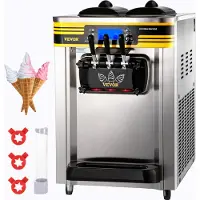 Vevor Kommersiell glassmaskin, 22–30 l/h kapacitet, bänkskiva med mjukglass, 2 x 6 l behållare, 2 l cylinder, LCD-panel, larm vid brist på glass, fryst yoghurtmaskin för restaurang, snackbar, silver