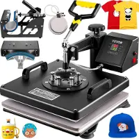 Vevor värmepress, 15 x 15 tum, 5-i-1 kombinerad svängbar T-shirt sublimeringstransferskrivare med teflonbeläggning, tillbehör till mugg/hatt/tallrik ingår, ETL/FCC-certifierad, svart