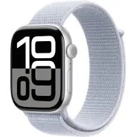 Apple Watch Series 10 (GPS) - 46 mm - silveraluminium - smart klocka med sportögla - mjukt nylon i dubbla lager - blå moln - handledsstorlek: 130-200 mm - 64 GB - Wi-Fi 4, UWB, Bluetooth - 36.4 g