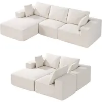 Vevor Modulsoffa, L-formad modulsoffa med schäslong, Cloud-soffa med hög retursvamp och densitet, klädd manchestersoffa med dyna för vardagsrum, lägenhet, beige