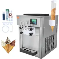 Vevor Kommersiell glassmaskin, 21 qt/h kapacitet, 1800W mjukglassmaskin med 3 smaker för bänkskiva, 2 x 4 l trattar, 2 x 1,8 l cylinder, LCD-panel med automatisk rengöring och förkylning, för restaura