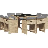 vidaXL Matgrupp för trädgården med dynor 9 delar mixbeige konstrotting