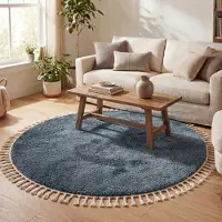 NATURL. Rund fluffig matta | Lofty Fringe blå hos Volero | Ø 200 cm | Polypropen | Enfärgad | Rund | Hög lugg