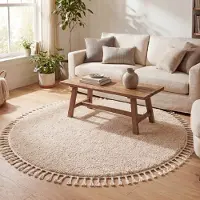 NATURL. Rund fluffig matta | Lofty Fringe beige hos Volero | Ø 150 cm | Polypropen | Enfärgad | Rund | Hög lugg