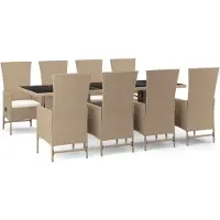 vidaXL Matgrupp för trädgården med dynor 9 delar beige konstrotting