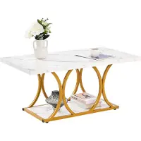 Vevor Soffbord, Modernt Soffbord i Marmorimitation, Rektangulärt Mittbord med 2 Nivåer och Geometriska Ben, Minimalistiskt Robust Metallram Accentbord för Vardagsrum, Kontor, Enkel Montering, Vit