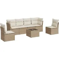 vidaXL Matgrupp för trädgården med dynor 7 delar beige konstrotting