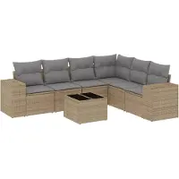vidaXL Matgrupp för trädgården med dynor 7 delar beige konstrotting