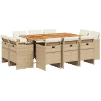 vidaXL Matgrupp för trädgården med dynor 11 delar beige konstrotting