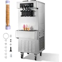 Vevor Kommersiell glassmaskin, 20-28 l/h kapacitet, 2200 W fristående mjukglassmaskin med 3 smaker, 2 x 6 l trattar och inbyggd puffningspump, förkylning, låg blandningsnivåvarning för snacks och dess