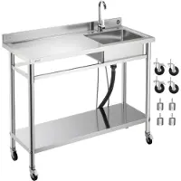Vevor Rostfritt Stål Diskbänk, Rullande Enkel Hok Köksbänk med Hjul, Kran och Varm- & Kallt Vattenrör, Arbetsbänk för Garage, Restaurang, Tvättstuga, 1200 x 500 x 1055 mm