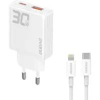 Dudao GaN USB-Laddare 30W med 1xUSB, 1xUSB-C och USB-C till Lightningkabel - Vit