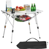 Vevor Hopfällbart campingbord, bärbara sidobord i aluminium med justerbar höjd, nätlager överst och bärväska, för utomhusgrillning, picknick, resor, silver