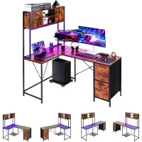 Vevor L-format spelbord med LED-lampor, 1,58 m vändbart hörndatorbord med eluttag, flyttbart CPU-stativ och förvaringslådor, modernt och snyggt PC-spelbord för hemmakontor