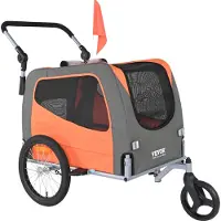 Vevor Hundcykelkärra, Stöder upp till 30 kg, 2-i-1 Hundvagnsvagn Cykelhållare, Lättfällbar vagnsram med Snabbkopplingshjul, Universal Cykelfäste, Reflexer, Flagga, Orange/Grå