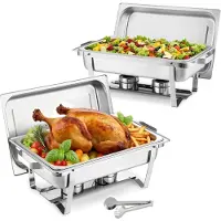 Vevor Rektangulär Varmfack, 9 Qt 2-pack Rostfritt Stål Varmfack, Matvärmare Varmfack Komplett Set med Ihåligt Handtag, 1 Mattång, Lock, Behållare, Varmfack för Bankett, Fest, Bröllop
