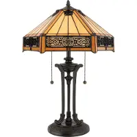 QUOIZEL Tiffany bordslampa Indus, Brun / mässing, Vardagsrum / matsal, Glas, Tiffany, Bordslampa